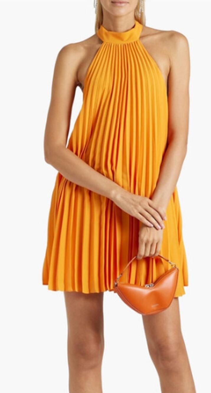 ALICE + OLIVIA Halterneck Sunburst Pleated Mini Dress Orange NWT Women's M